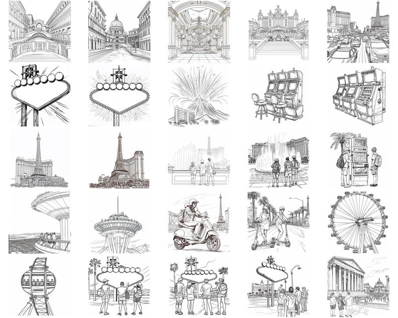 Puede incluir: Una colecci&oacute;n de dibujos en blanco y negro que representan varios monumentos y atracciones de Las Vegas, Nevada. Los dibujos incluyen el ic&oacute;nico letrero de Las Vegas, las fuentes del Bellagio, la r&eacute;plica de la Torre Eiffel, la noria High Roller y los canales venecianos.