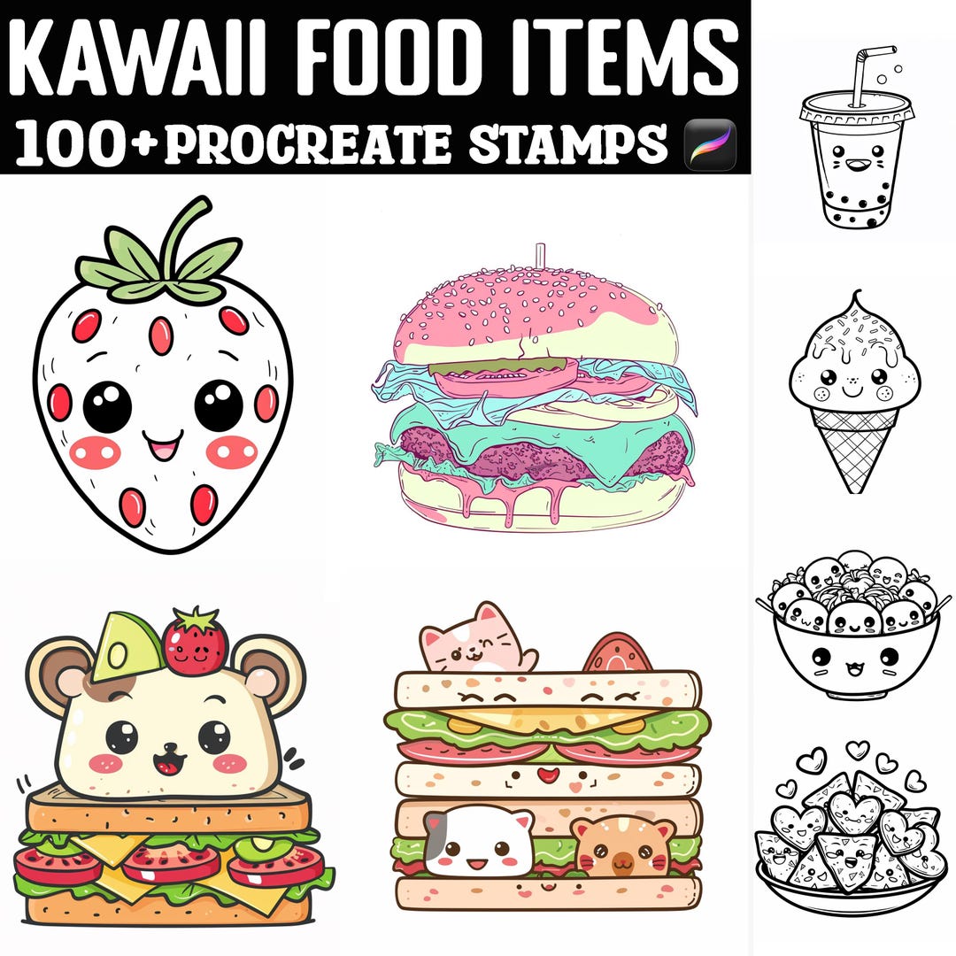 100+ Kawaii Food Items Stamps | Procreate Brushes | Instant Digital ...