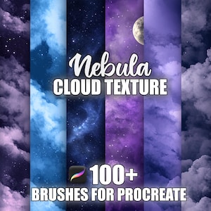 Puede incluir: Gráfico de arte digital con texturas de nubes en tonos azules, morados y negros. El texto "Nebula Cloud Texture" y "100+ Brushes for Procreate" se muestran. La imagen incluye una luna creciente y estrellas.