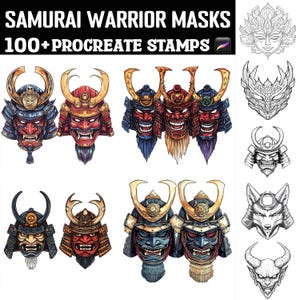 May include: A set of 100+ digital stamps featuring samurai warrior masks in various styles. The masks are drawn in a detailed, hand-drawn style with vibrant colors and intricate designs. The stamps are perfect for adding a touch of Japanese culture to your digital art projects.
