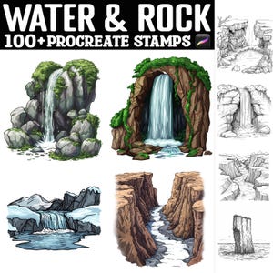 Op de afbeelding: Een set van meer dan 100 digitale stempels voor Procreate, met illustraties van watervallen, rivieren en rotsformaties. De stempels zijn perfect om natuurlijke elementen toe te voegen aan digitale kunst en ontwerpen.