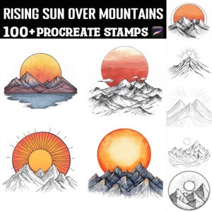 100+ Rising Sun Over Mountains Procreate Briefmarken | Procreate Pinsel | Sofortiger digitaler Download