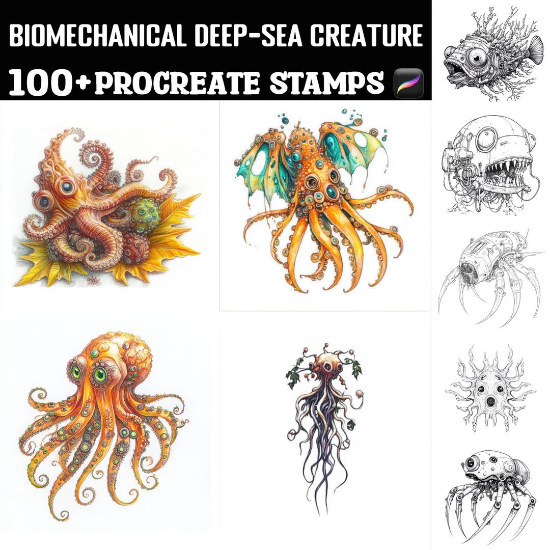 100+ Bio-mechanical Deep Sea Creature Procreate Stamps | Procreate ...