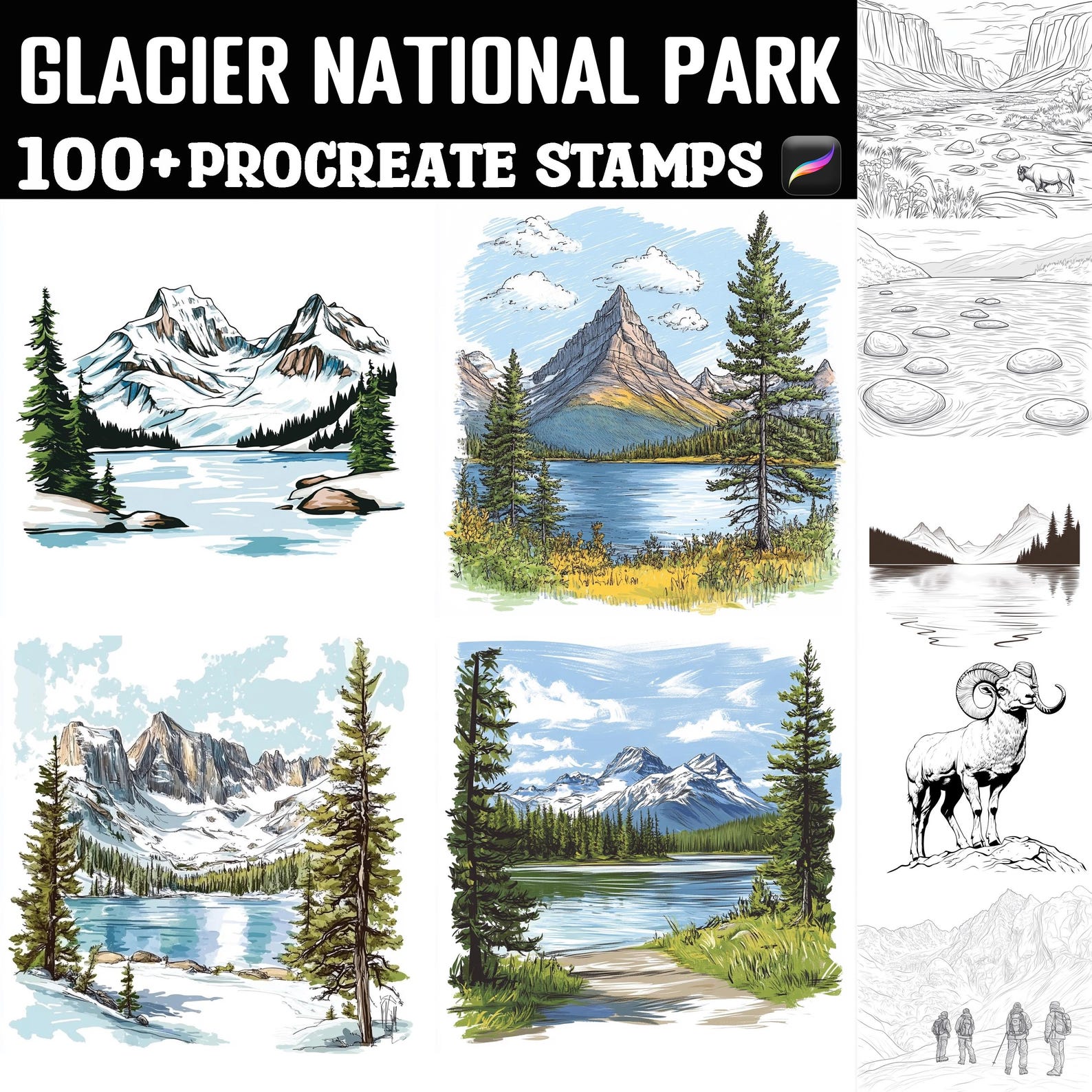 100+ Glacier National Park Procreate Stamps | Procreate Brushes ...