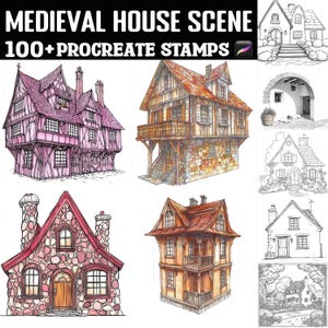 Peut inclure: Illustrations numériques de scènes de maisons médiévales. L'image présente des dessins architecturaux détaillés avec une variété de couleurs et de textures. Le texte en haut indique "MEDIEVAL HOUSE SCENE" et "100+ PROCREATE STAMPS".