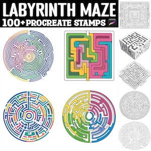 May include: A set of 100+ colorful labyrinth maze stamps for Procreate. The stamps feature a variety of maze designs, including circular, square, and rectangular mazes. The stamps are perfect for adding a touch of whimsy and creativity to your digital art.