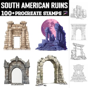 May include: A set of 100+ digital stamps featuring South American ruins. The stamps are in various styles, including line art and color illustrations. The stamps are perfect for adding a touch of history and adventure to your digital art projects.