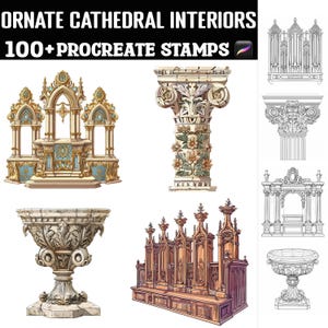 May include: A set of 100+ Procreate stamps featuring ornate cathedral interiors. The stamps include various architectural elements such as columns, arches, and stained glass windows. The stamps are perfect for creating detailed and realistic cathedral illustrations.