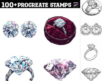 May include: A set of 100+ Procreate stamps featuring various diamond designs. The stamps include single diamonds, diamond rings, and diamond earrings. The diamonds are drawn in a realistic style with sparkling facets.