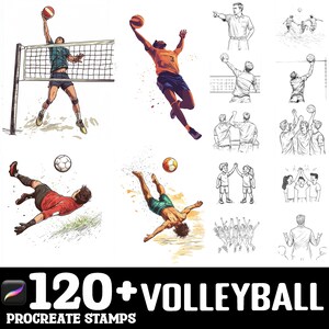 Op de afbeelding: Een set van 120+ Procreate-stempels met illustraties van volleyballers in verschillende poses, waaronder smashen, duiken en blokkeren. De stempels zijn perfect voor het maken van digitale kunst, illustraties en ontwerpen.