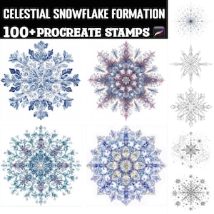 May include: Digital art featuring various snowflake designs in shades of blue, purple, and pink. The image includes the text "CELESTIAL SNOWFLAKE FORMATION" and "100+ PROCREATE STAMPS". The snowflakes have intricate patterns and details.