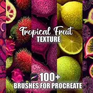 May include: A vibrant digital art piece featuring a collage of tropical fruits, including dragon fruit, lemons, and passion fruit. The text "Tropical Fruit Texture" and "100+ Brushes for Procreate" are displayed. The color palette is rich with pinks, yellows, and greens.