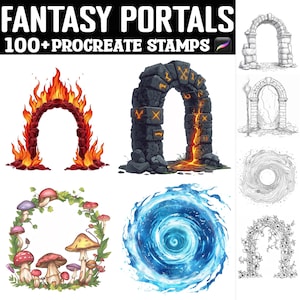 May include: A set of 100+ fantasy portal stamps for Procreate. The stamps feature a variety of designs, including stone arches, swirling water, and glowing fire. The stamps are perfect for adding a touch of magic to your digital art.