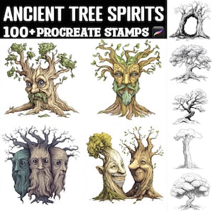 May include: Digital art stamps featuring ancient tree spirits with faces and expressive features. The image includes the text "ANCIENT TREE SPIRITS" and "100+ PROCREATE STAMPS". The tree spirits are in various colors and styles, with some in black and white.