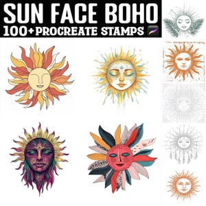 May include: Digital art featuring sun face designs in various styles and colors. The image includes the text "SUN FACE BOHO" and "100+ PROCREATE STAMPS". The sun faces have different expressions and are surrounded by stylized rays or petals.