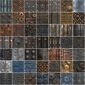 May include: A grid of 48 square panels with steampunk designs. The panels display metal textures, gears, rivets, and pipes in brown, bronze, and grey hues. The overall aesthetic is industrial and aged, with a focus on mechanical elements.