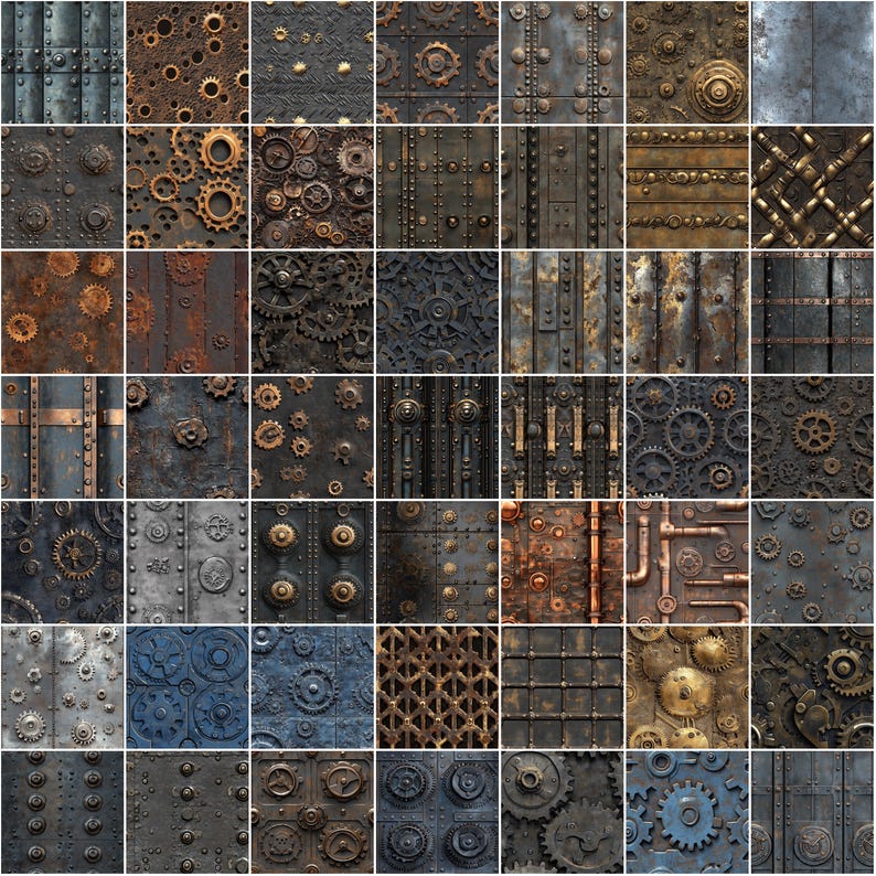 May include: A grid of 48 square panels with steampunk designs. The panels display metal textures, gears, rivets, and pipes in brown, bronze, and grey hues. The overall aesthetic is industrial and aged, with a focus on mechanical elements.