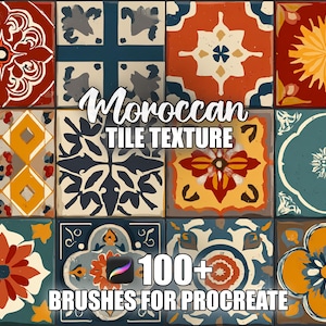Könnte beinhalten: Eine Sammlung farbenfroher marokkanischer Fliesenmuster. Das Bild zeigt ein Raster aus quadratischen Fliesen mit aufwendigen Designs in Rot-, Blau-, Orange- und Gelbtönen. Der Text lautet "Moroccan Tile Texture" und "100+ Brushes for Procreate".