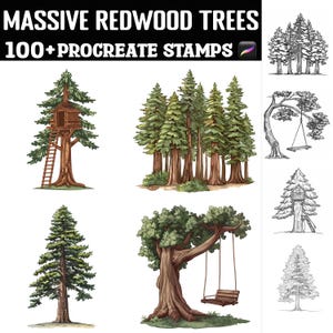 May include: A set of 100+ digital stamps featuring illustrations of redwood trees. The stamps are designed for use in the Procreate app. The illustrations include various styles of redwood trees, including some with treehouses and swings.