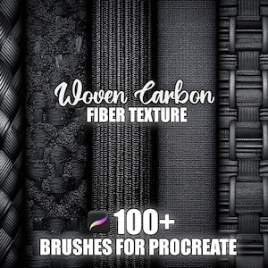 May include: A digital art graphic featuring various black woven carbon fiber textures. The image includes the text "Woven Carbon Fiber Texture" and "100+ Brushes for Procreate", with a Procreate app icon.