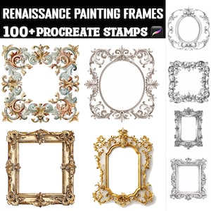 May include: A set of 100+ digital stamps featuring Renaissance-style painting frames. The frames are in various styles, including ornate gold, silver, and black and white.  The stamps are designed for use in Procreate.