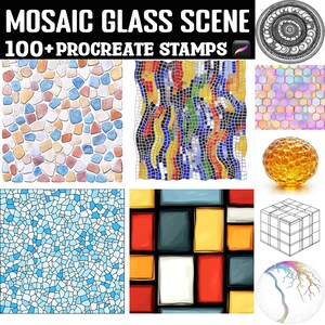 May include: Digital Procreate stamps showcasing mosaic glass scenes. The image presents diverse mosaic patterns, such as colourful stone, wavy designs, and geometric shapes. Text reads "MOSAIC GLASS SCENE" and "100+ PROCREATE STAMPS".