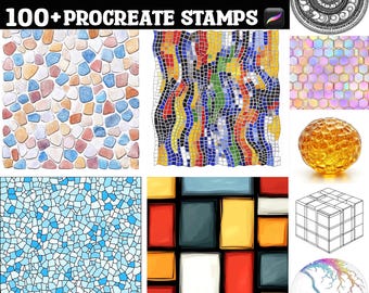 Op de afbeelding: Digitale kunststempels voor Procreate met mozaïekglasscènes. De afbeelding toont verschillende mozaïekpatronen, waaronder kleurrijke stenen, golvende ontwerpen en geometrische vormen. De tekst luidt "MOSAIC GLASS SCENE" en "100+ PROCREATE STAMPS".
