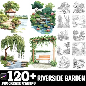 May include: A set of 120+ Procreate stamps featuring illustrations of riverside gardens, including a gazebo, a willow tree, a pergola with a bench, a fountain, and various other garden elements. The stamps are perfect for creating digital art and designs.