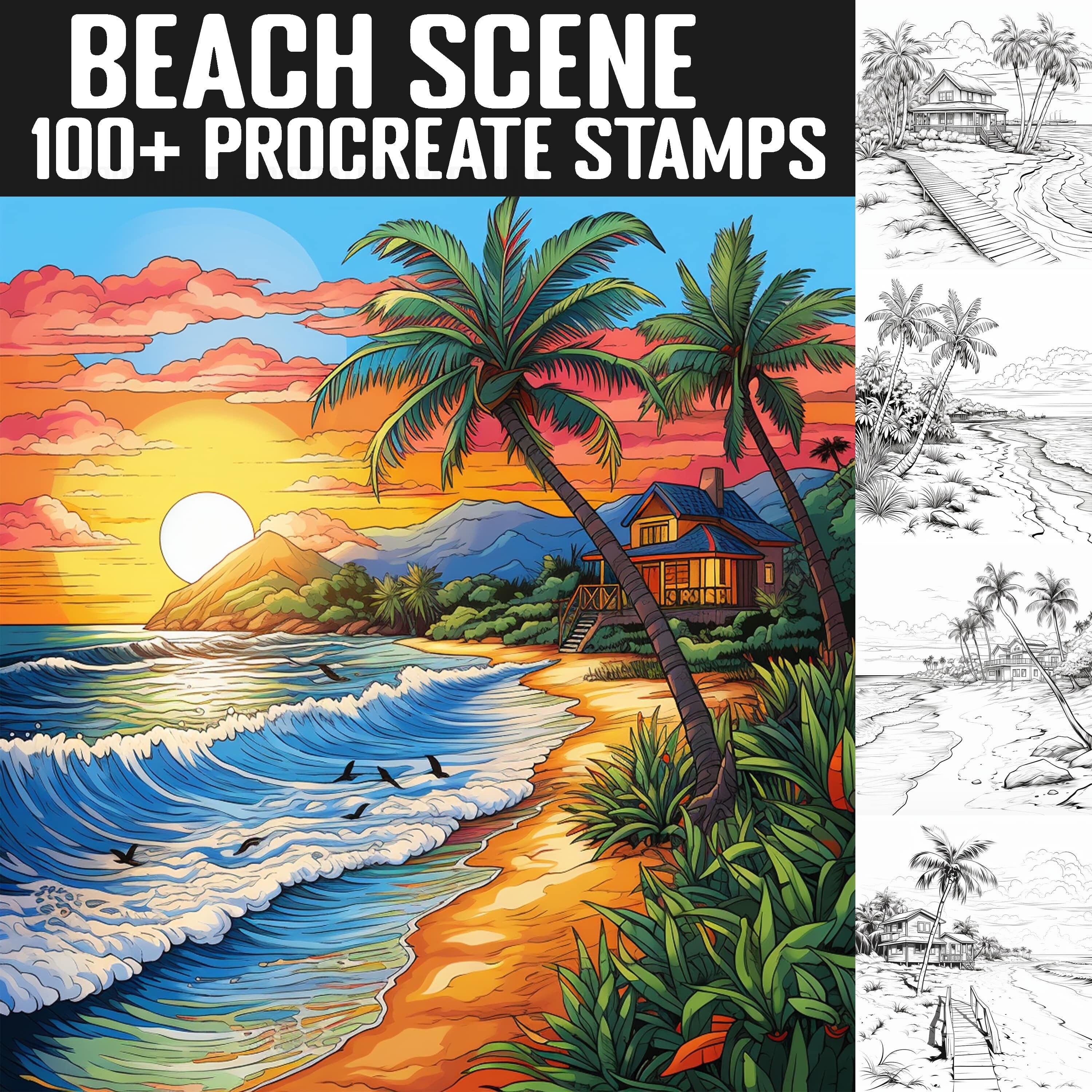 100+ Beach Scene Procreate Stamps | Beach Life guides | Instant Digital Download