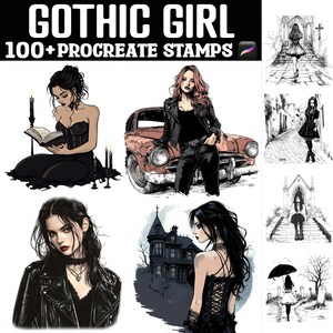 以下が含まれることがあります： ゴシックな女の子のイラストが描かれた100種類以上のデジタルスタンプのセット。スタンプはProcreateアプリで使用するためにデザインされています。イラストには、本を読んでいる女の子、ビンテージカーに寄りかかっている女の子、幽霊屋敷の前に立っている女の子、墓地を歩いている女の子などが含まれています。