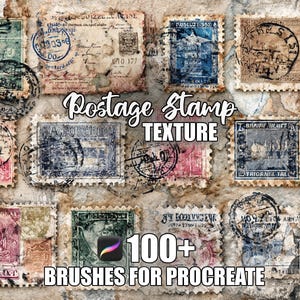 May include: A collection of vintage postage stamps with various designs and colors, including blue, green, and brown. The stamps are arranged on a textured background, with the text "Postage Stamp Texture" and "100+ Brushes for Procreate".