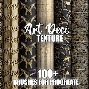 May include: A collection of Art Deco texture patterns in black and gold. The image displays various geometric designs, including chevrons, lines, and stylized shapes. Text on the image reads "Art Deco Texture" and "100+ Brushes for Procreate."