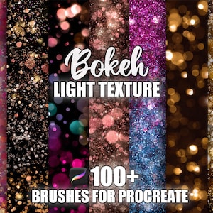 以下が含まれることがあります： ピンク、ゴールド、ブラック、パープル、ブルー、ブラウンの色合いの、さまざまなボケライトテクスチャを特徴とするデジタルアートグラフィック。「Bokeh LIGHT TEXTURE」と「100+ BRUSHES FOR PROCREATE」の文字が白で表示されています。