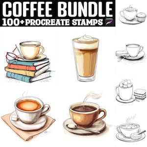 May include: A set of 100+ coffee-themed Procreate stamps featuring various styles of coffee cups, mugs, and latte art. The stamps are perfect for adding a touch of coffee shop charm to digital art and designs.