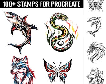 Peut inclure: Un ensemble de plus de 100 tampons de tatouage tribaux pour Procreate. Les tampons présentent une variété de motifs, notamment un requin, un serpent, un papillon, un dauphin, un dragon et un loup. Les motifs sont tous de style tribal, avec des lignes audacieuses et des motifs géométriques.