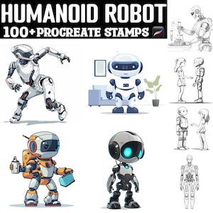 May include: A set of 100+ digital stamps featuring illustrations of humanoid robots in various poses and styles. The stamps are designed for use in the Procreate app.