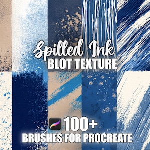 May include: A digital art graphic featuring a variety of blue and beige ink blot textures. The text "Spilled Ink Blot Texture" and "100+ Brushes for Procreate" are displayed. The image showcases a range of artistic brush strokes and splatters.