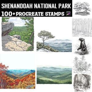 May include: Digital art stamps featuring scenes from Shenandoah National Park. The image includes illustrations of mountain landscapes, trees, and wildlife. Text at the top reads "SHENANDOAH NATIONAL PARK 100+ PROCREATE STAMPS".