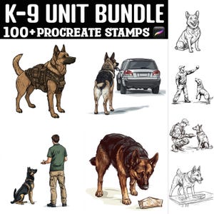 May include: A digital illustration set of 100+ Procreate stamps featuring various poses of German Shepherd dogs in different scenarios, including a dog wearing a tactical vest, a dog sniffing a package, and a dog sitting next to a police officer. The illustrations are in a realistic style and are perfect for creating digital art.