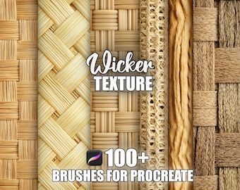May include: A digital art graphic featuring various wicker textures in shades of tan and brown. The text "Wicker Texture" is displayed in a stylized font, with "100+ Brushes for Procreate" below. The Procreate app logo is also visible.
