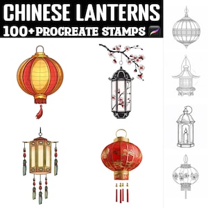 May include: A set of 100+ Procreate stamps featuring Chinese lanterns in various styles. The stamps include red and gold lanterns, black and white lanterns, and lanterns with floral designs. The stamps are perfect for adding a festive touch to your digital art.