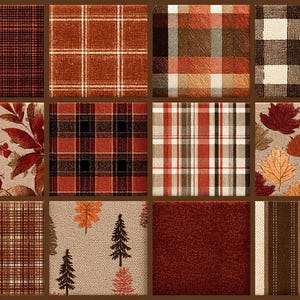 May include: A collage of twelve fabric swatches in autumnal colors. The patterns include plaid, leaf, and tree designs. Colors range from deep reds and browns to beige and cream, evoking a fall theme. The textures vary, suggesting different fabric types.