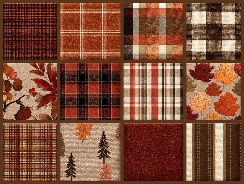 May include: A collage of twelve fabric swatches in autumnal colors. The patterns include plaid, leaf, and tree designs. Colors range from deep reds and browns to beige and cream, evoking a fall theme. The textures vary, suggesting different fabric types.