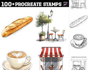 May include: A set of 100+ digital stamps featuring illustrations of European street cafes, including cafe tables and chairs, a baguette, a cup of coffee, and a cafe awning. The stamps are designed for use in the Procreate app.