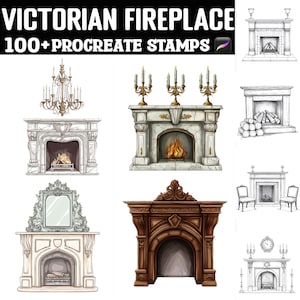Könnte beinhalten: Ein Set mit über 100 Procreate-Stempeln, die viktorianische Kamine zeigen. Die Stempel umfassen verschiedene Designs, darunter weißen Marmor, braunes Holz und Schwarzweiß-Zeichnungen. Die Kamine haben verzierte Details wie dekorative Verkleidungen, komplizierte Schnitzereien und realistische Flammen.