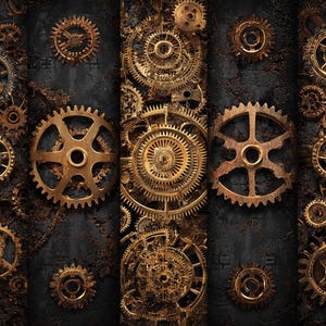 May include: A detailed steampunk design featuring bronze-coloured gears of various sizes against a dark, textured background. The gears are intricately designed, showcasing a mechanical aesthetic. The image evokes a sense of industrial artistry and vintage machinery.