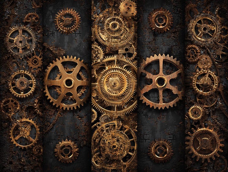 May include: A detailed steampunk design featuring bronze-coloured gears of various sizes against a dark, textured background. The gears are intricately designed, showcasing a mechanical aesthetic. The image evokes a sense of industrial artistry and vintage machinery.