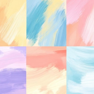 K&ouml;nnte beinhalten: Sechs abstrakte Kunstpaneele mit Pinselstrich-Designs. Die Paneele zeigen eine Reihe von Farben, darunter Pfirsich, Gelb, Blau, Rosa und Lila. Die Pinselstriche erzeugen einen strukturierten Effekt, ideal f&uuml;r Wanddekoration.
