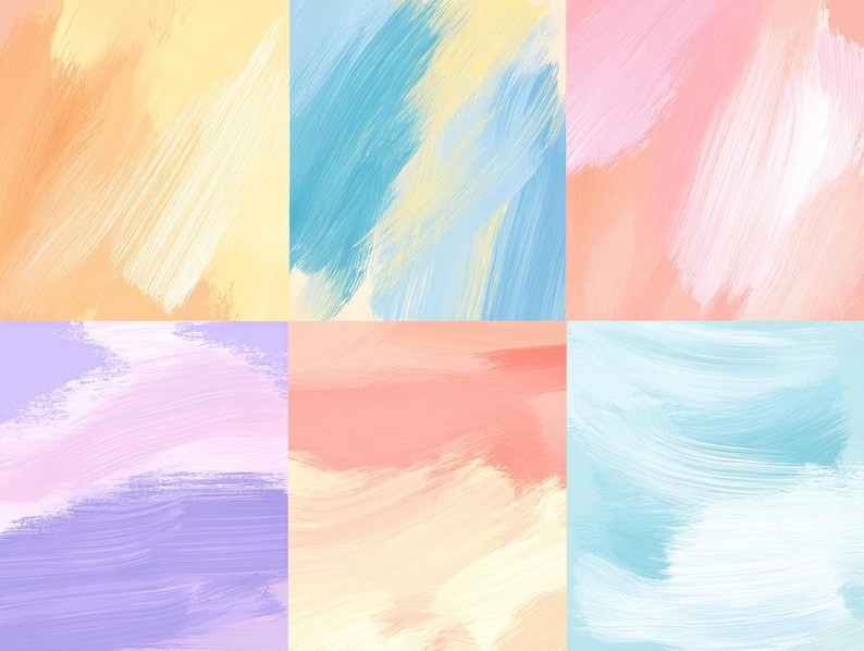 K&ouml;nnte beinhalten: Sechs abstrakte Kunstpaneele mit Pinselstrich-Designs. Die Paneele zeigen eine Reihe von Farben, darunter Pfirsich, Gelb, Blau, Rosa und Lila. Die Pinselstriche erzeugen einen strukturierten Effekt, ideal f&uuml;r Wanddekoration.