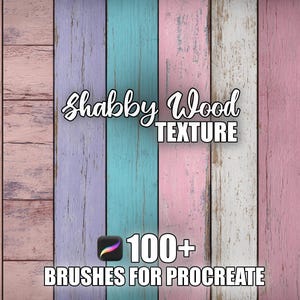 Könnte beinhalten: Digitaler Kunsthintergrund mit einer Shabby-Wood-Textur in Pastellfarben. Das Bild enthält den Text "Shabby Wood Texture" und "100+ Brushes for Procreate". Der Hintergrund besteht aus vertikalen Brettern in Rosa, Blau und Weiß.